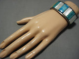 Huge!! Vintage Native American Navajo Museum Turquoise Sterling Silver Thick Inlay Bracelet Old-Nativo Arts