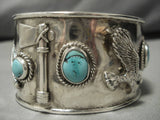 Huge!! Vintage Native American Navajo Sterling Silver Eagle Turquoise Tomahawk Bracelet Old-Nativo Arts
