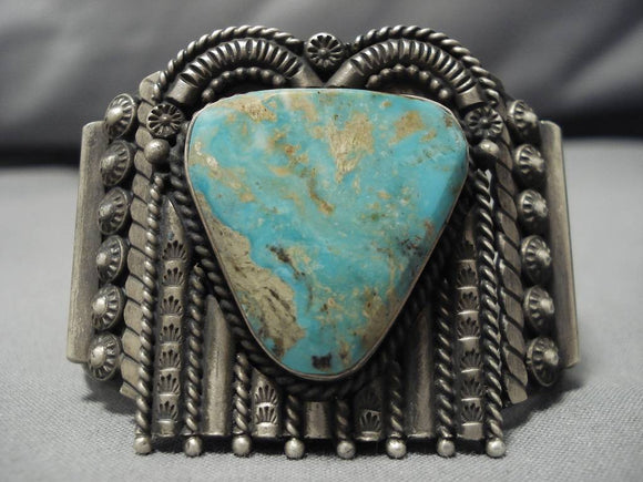 Huge Vintage Native American Navajo Triangular Royston Turquoise Sterling Silver Bracelet Old-Nativo Arts