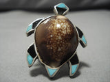 Huge!! Vintage Native American Navajo Turquoise Sterling Silver Turtle Ring Old-Nativo Arts