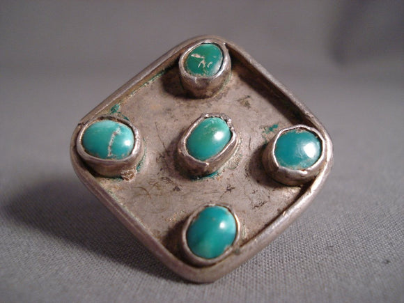 Huge Vintage Navajo '5 Senses' Domed Turquoise Native American Jewelry Silver Ring Old-Nativo Arts
