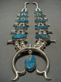 Huge Vintage Navajo Blue Diamond Turquoise Native American Jewelry Silver Squash Blossom Necklace-Nativo Arts
