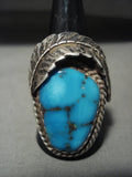 Huge Vintage Navajo Blue Wind Turquoise Native American Jewelry Silver Leaf Ring Old-Nativo Arts
