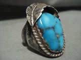 Huge Vintage Navajo Blue Wind Turquoise Native American Jewelry Silver Leaf Ring Old-Nativo Arts