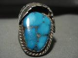 Huge Vintage Navajo Blue Wind Turquoise Native American Jewelry Silver Leaf Ring Old-Nativo Arts