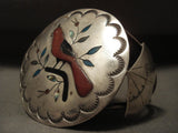 Huge Vintage Navajo Cardinal And Branch Native American Jewelry Silver Coral Bracelet Old-Nativo Arts