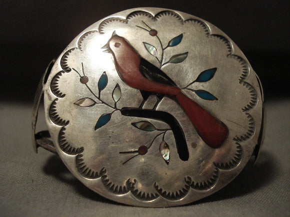 Huge Vintage Navajo Cardinal And Branch Native American Jewelry Silver Coral Bracelet Old-Nativo Arts