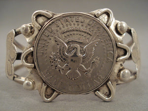 Huge Vintage Navajo 'Coin And Flanks' Native American Jewelry Silver Bracelet-Nativo Arts