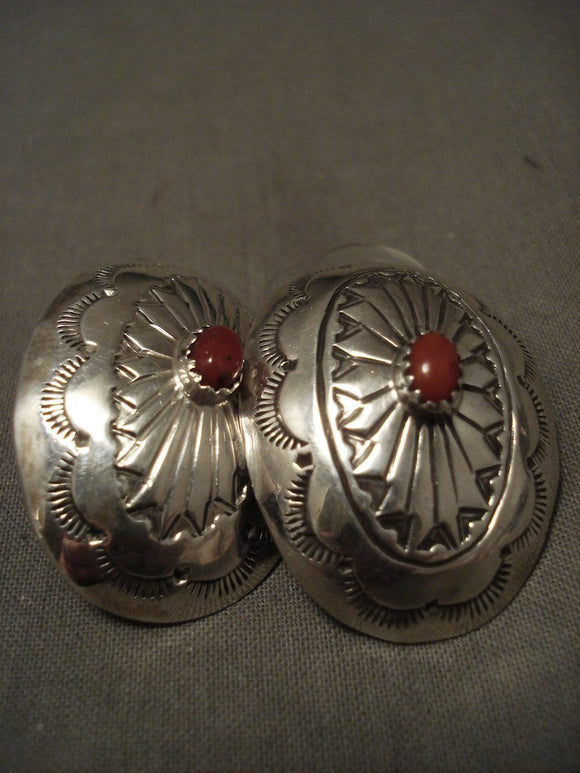 Huge Vintage Navajo Coral Native American Jewelry Silver Concho Earrings-Nativo Arts