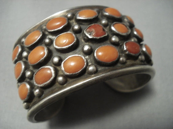 Huge Vintage Navajo Domed Coral Sterling Native American Jewelry Silver Bracelet Old Pawn-Nativo Arts