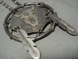 Huge Vintage Navajo 'Dreamcatcher' Native American Jewelry Silver Cow Feather Necklace-Nativo Arts