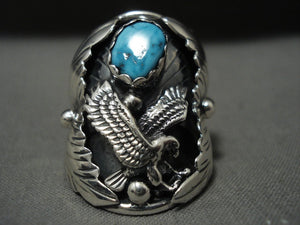 Huge Vintage Navajo 'Flying Eagle' Turquoise Native American Jewelry Silver Ring-Nativo Arts