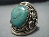 Huge Vintage Navajo Green Turquoise Sterling Silver Native American Jewelry Ring Old-Nativo Arts