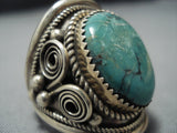 Huge Vintage Navajo Green Turquoise Sterling Silver Native American Jewelry Ring Old-Nativo Arts