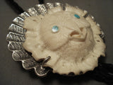 Huge Vintage Navajo 'Hand Carved Owl' Turquoise Native American Jewelry Silver Bolo Tie-Nativo Arts