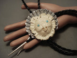 Huge Vintage Navajo 'Hand Carved Owl' Turquoise Native American Jewelry Silver Bolo Tie-Nativo Arts