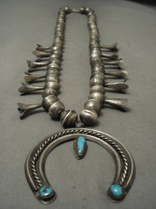 Huge Vintage Navajo Hand Wrought Native American Jewelry Silver Turquoise Squash Blossom Necklace-Nativo Arts