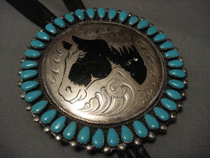 Huge Vintage Navajo Horse Turquoise Native American Jewelry Silver Bolo Tie-Nativo Arts