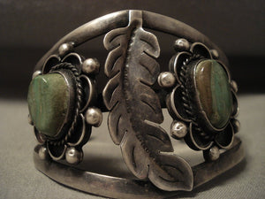 Huge Vintage Navajo Leaf And Green Turquoise Native American Jewelry Silver Bracelet Old-Nativo Arts