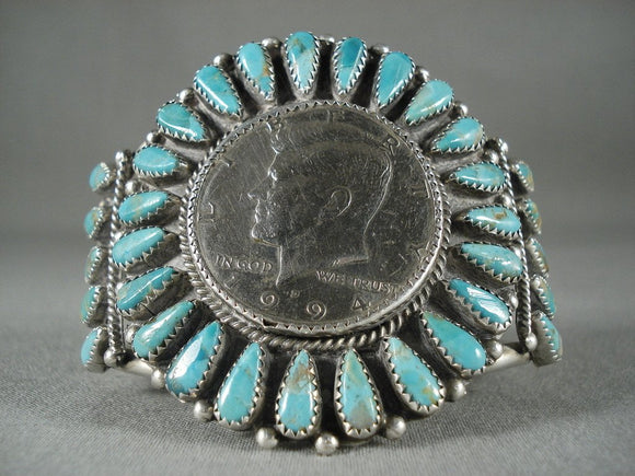 Huge Vintage Navajo Native American Jewelry Silver Coin Turquoise Bracelet-Nativo Arts