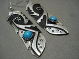 Huge Vintage Navajo 'Native American Jewelry Silver Mask Snake Eyes Turquoise' Native American Jewelry Silver Earrings-Nativo Arts