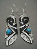 Huge Vintage Navajo 'Native American Jewelry Silver Mask Snake Eyes Turquoise' Native American Jewelry Silver Earrings-Nativo Arts