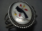 Huge Vintage Navajo Native American Zuni Inlaid Blackbird Sterling Silver Bracelet Old-Nativo Arts