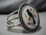 Huge Vintage Navajo Native American Zuni Inlaid Blackbird Sterling Silver Bracelet Old-Nativo Arts