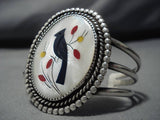 Huge Vintage Navajo Native American Zuni Inlaid Blackbird Sterling Silver Bracelet Old-Nativo Arts