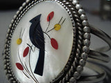 Huge Vintage Navajo Native American Zuni Inlaid Blackbird Sterling Silver Bracelet Old-Nativo Arts