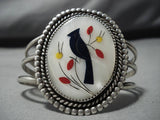 Huge Vintage Navajo Native American Zuni Inlaid Blackbird Sterling Silver Bracelet Old-Nativo Arts