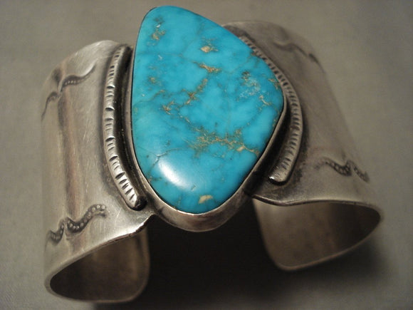 Huge Vintage Navajo Old Blue Gem Turquoise Native American Jewelry Silver Bracelet-Nativo Arts