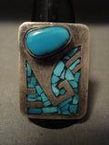 Huge Vintage Navajo Old Sleeping Beauty Turquoise Native American Jewelry Silver Inlay Ring-Nativo Arts