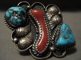 Huge Vintage Navajo Persin Turquoise Coral Native American Jewelry Silver Ring-Nativo Arts