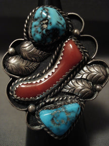 Huge Vintage Navajo Persin Turquoise Coral Native American Jewelry Silver Ring-Nativo Arts