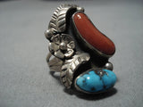 Huge Vintage Navajo Persin Turquoise Coral Sterling Silver Native American Jewelry Ring-Nativo Arts