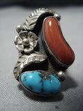 Huge Vintage Navajo Persin Turquoise Coral Sterling Silver Native American Jewelry Ring-Nativo Arts