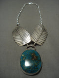 Huge Vintage Navajo Pilot Mountain Turquoise Native American Jewelry Silver Leaf Necklace-Nativo Arts