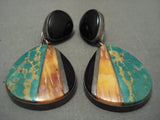 Huge Vintage Navajo Royston Turquoise Native American Jewelry Silver Shell Earrings Old-Nativo Arts