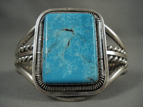Huge Vintage Navajo 'Squared Blue Diamond Turquoise' Native American Jewelry Silver Bracelet-Nativo Arts
