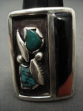 Huge Vintage Navajo Turquoise Coral Onyx Native American Jewelry Silver Ring Old-Nativo Arts