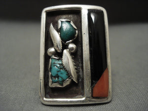 Huge Vintage Navajo Turquoise Coral Onyx Native American Jewelry Silver Ring Old-Nativo Arts