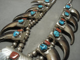 Huge Vintage Navajo Turquoise Coral Sterling Native American Jewelry Silver Squash Blossom Necklace-Nativo Arts
