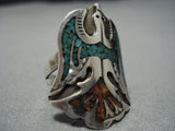 Huge Vintage Navajo Turquoise Coral Sterling Silver Native American Jewelry Bird Ring-Nativo Arts