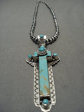 Huge Vintage Navajo Turquoise Cross Native American Jewelry Silver Necklace Old-Nativo Arts