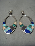 Huge Vintage Navajo Turquoise Inlay Native American Jewelry Silver Hoop Earrings Old-Nativo Arts