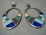 Huge Vintage Navajo Turquoise Inlay Native American Jewelry Silver Hoop Earrings Old-Nativo Arts