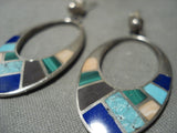 Huge Vintage Navajo Turquoise Inlay Native American Jewelry Silver Hoop Earrings Old-Nativo Arts