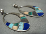 Huge Vintage Navajo Turquoise Inlay Native American Jewelry Silver Hoop Earrings Old-Nativo Arts