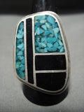 Huge Vintage Navajo Turquoise Onyx Inlay Native American Jewelry Silver Ring Old-Nativo Arts